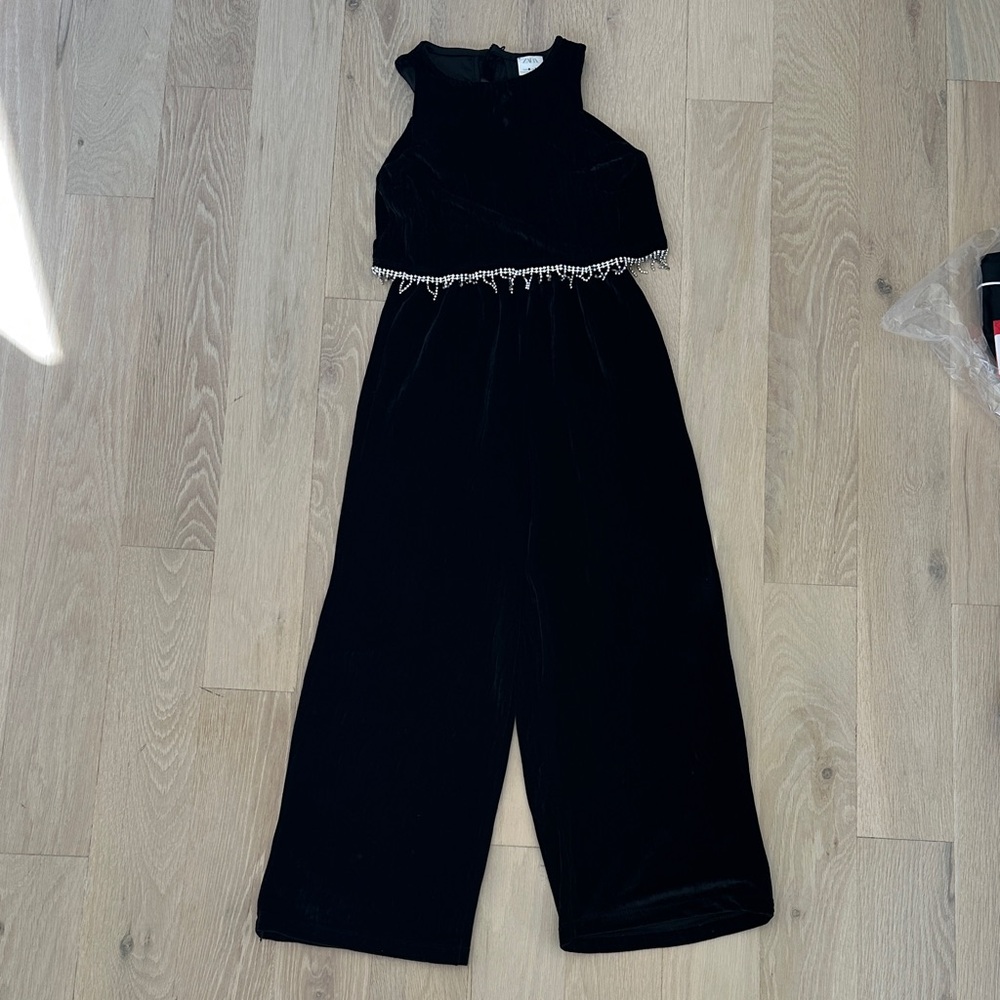 Zara Kids Black Velvet Sleeveless Jumpsuit with Crystal Trim